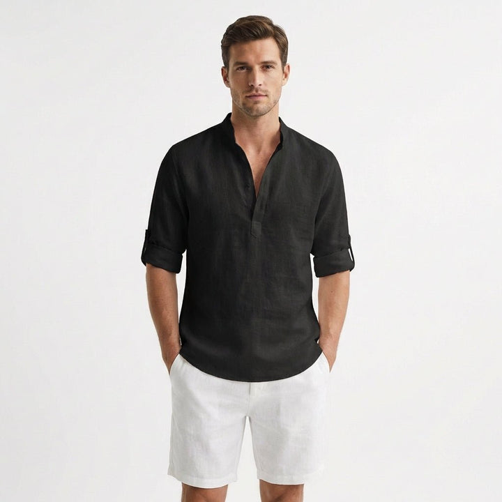 Men's Relaxed-Fit Linen Henley Mao-Collar Long-Sleeve Shirt - Negro