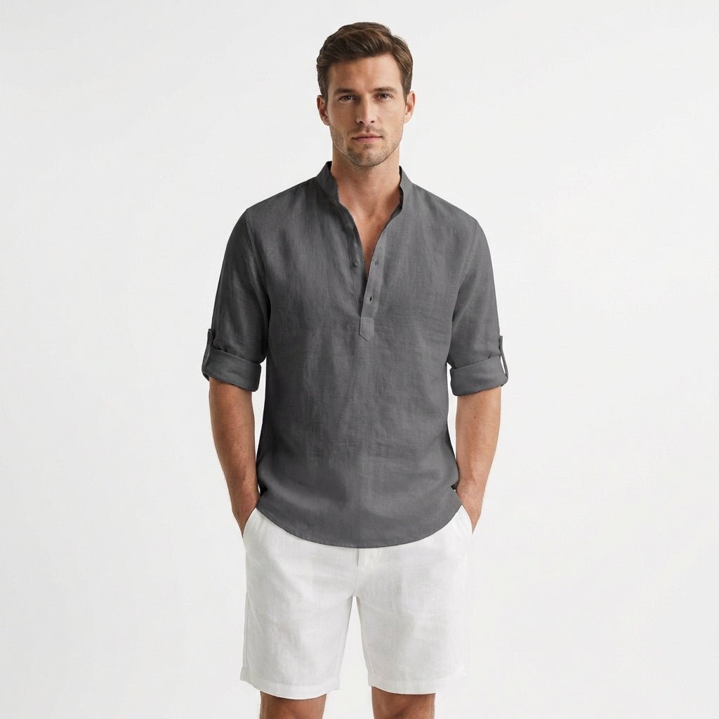 Men's Relaxed-Fit Linen Henley Mao-Collar Long-Sleeve Shirt - Gris