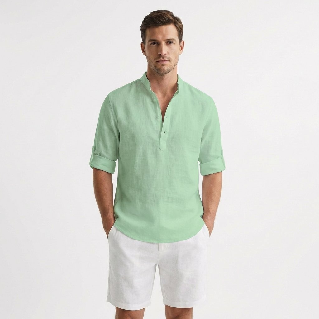 Men's Relaxed-Fit Linen Henley Mao-Collar Long-Sleeve Shirt - Verde menta