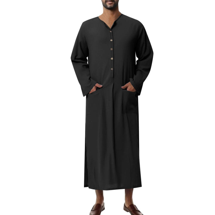 Men's Relaxed-Fit Linen Maxi Tunic Kaftan Elbow-Sleeve - Schwarz