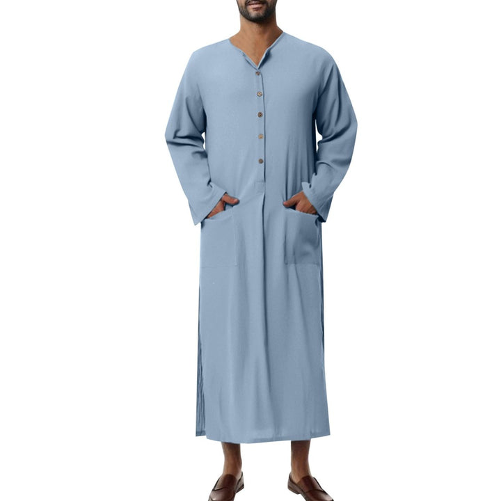 Men's Relaxed-Fit Linen Maxi Tunic Kaftan Elbow-Sleeve - Hellblau