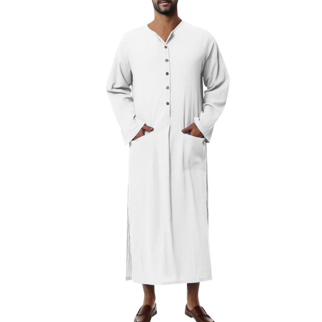 Men's Relaxed-Fit Linen Maxi Tunic Kaftan Elbow-Sleeve - Weiß