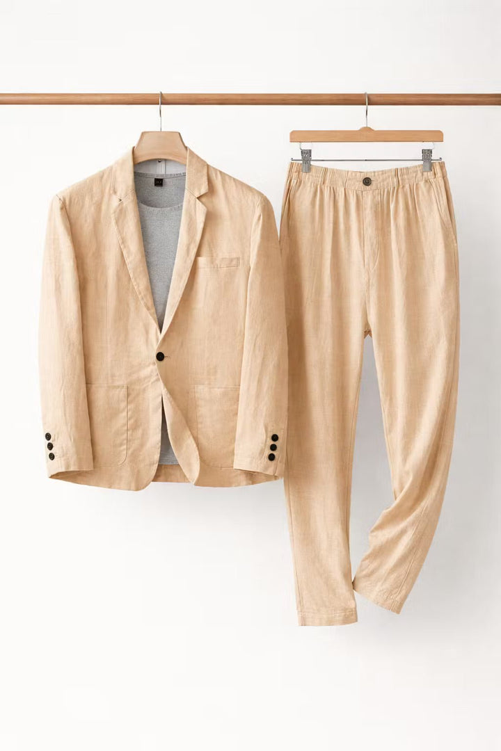 Men's Relaxed-Fit Linen Two-Piece Suit Set - Khaki