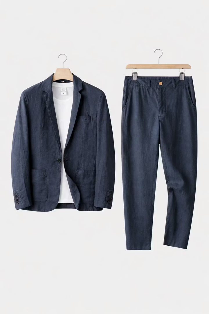 Men's Relaxed-Fit Linen Two-Piece Suit Set - Blue