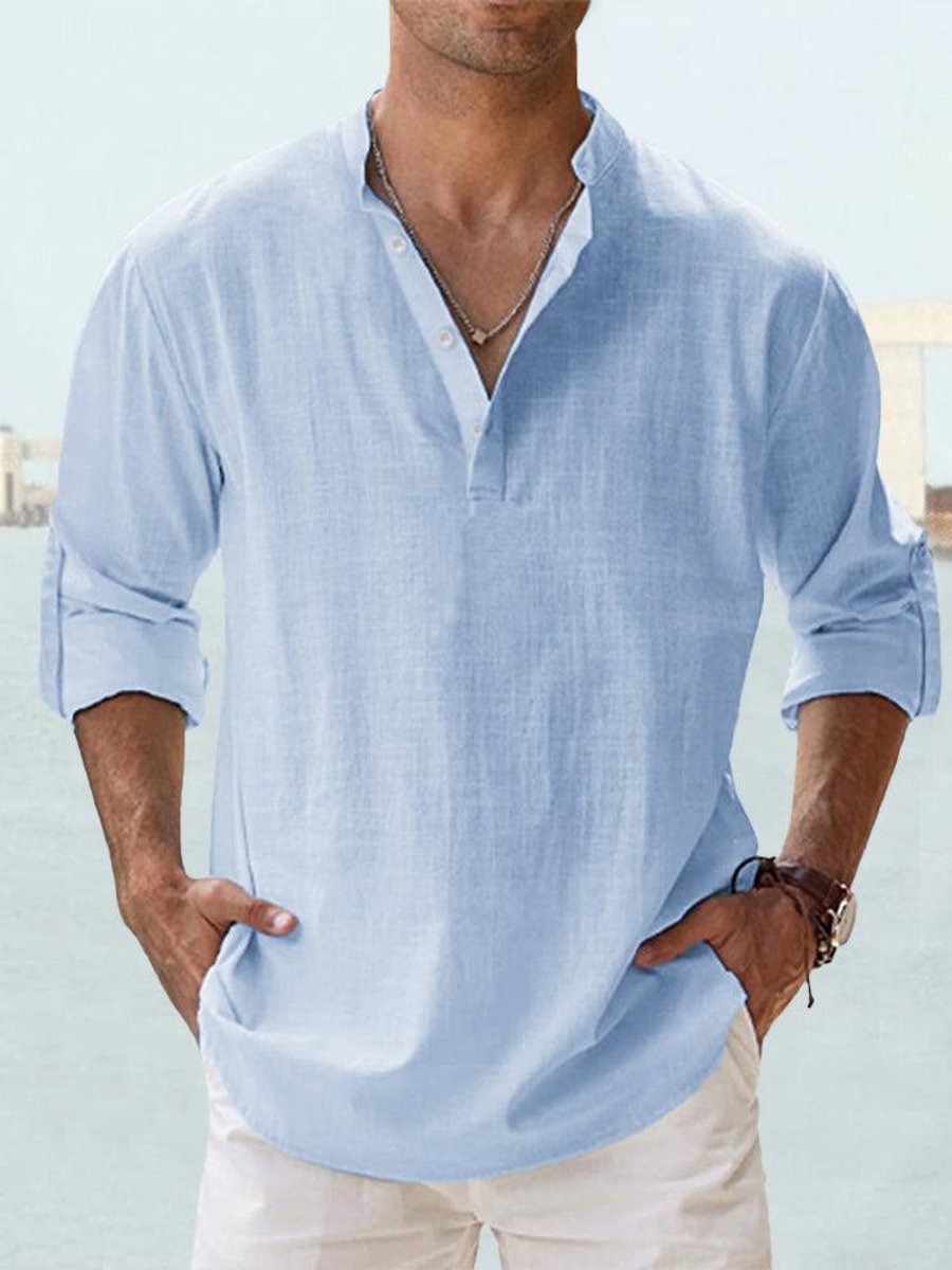 Men's Relaxed-Fit Long-Sleeve Linen Henley Shirt - Blue