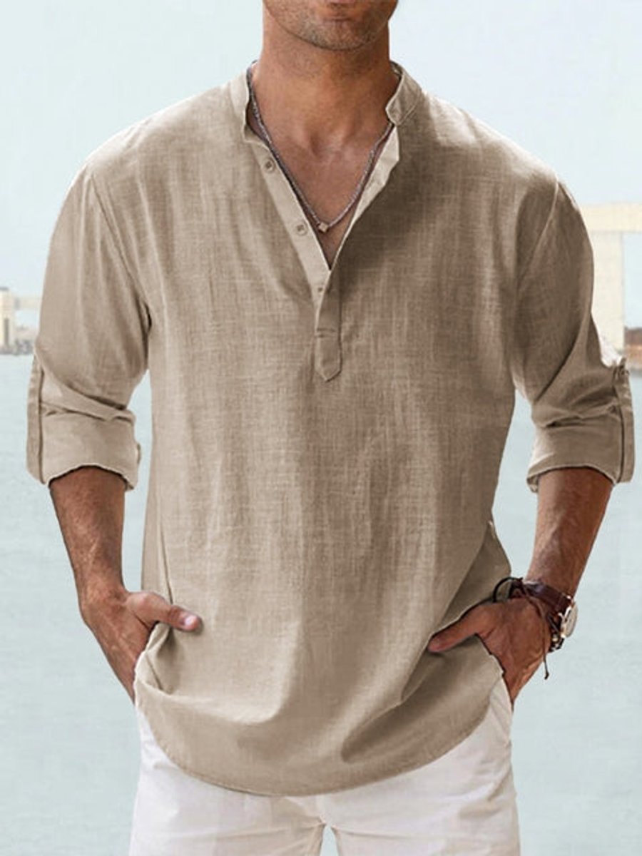 Men's Relaxed-Fit Long-Sleeve Linen Henley Shirt - Khaki