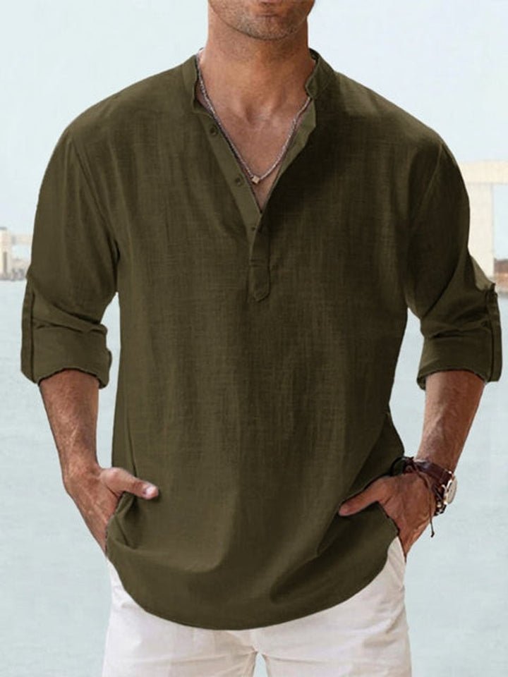 Men's Relaxed-Fit Long-Sleeve Linen Henley Shirt - Dark Green