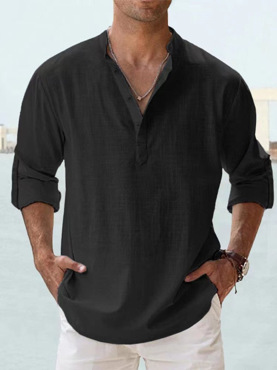 Men's Relaxed-Fit Long-Sleeve Linen Henley Shirt - Black