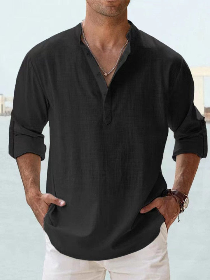 Men's Relaxed-Fit Long-Sleeve Linen Henley Shirt - Black