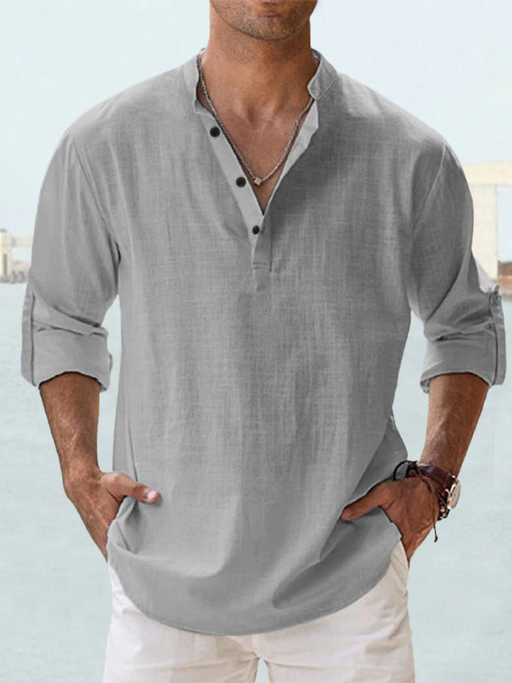 Men's Relaxed-Fit Long-Sleeve Linen Henley Shirt - Gray