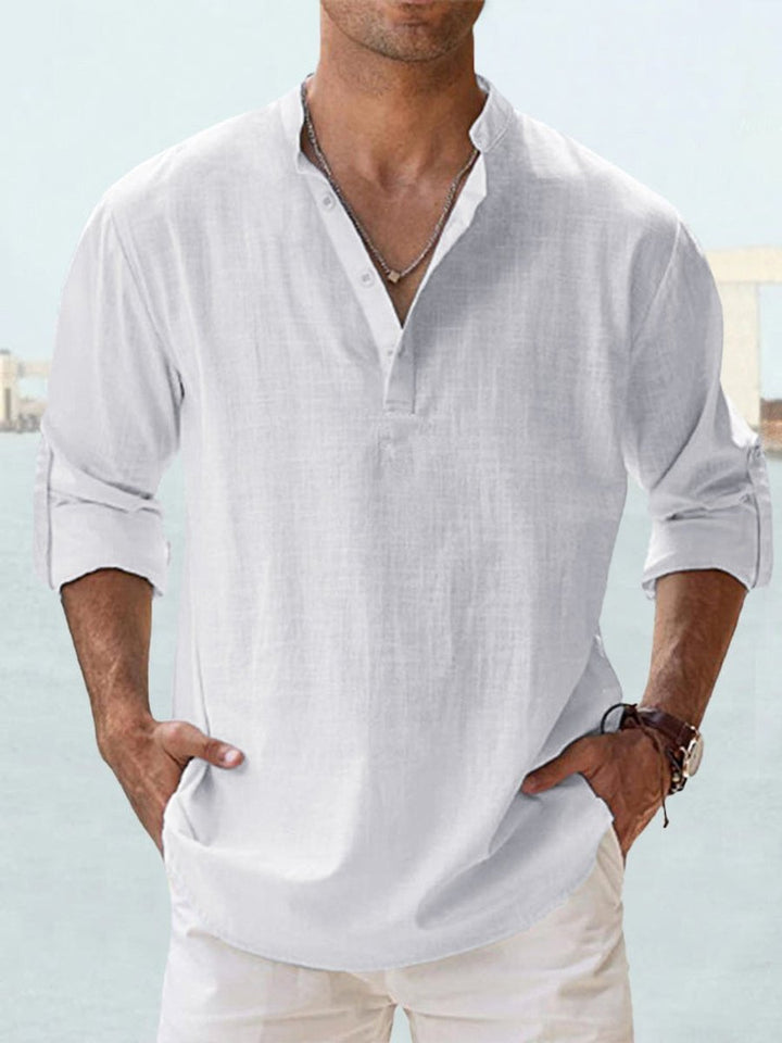 Men's Relaxed-Fit Long-Sleeve Linen Henley Shirt - White