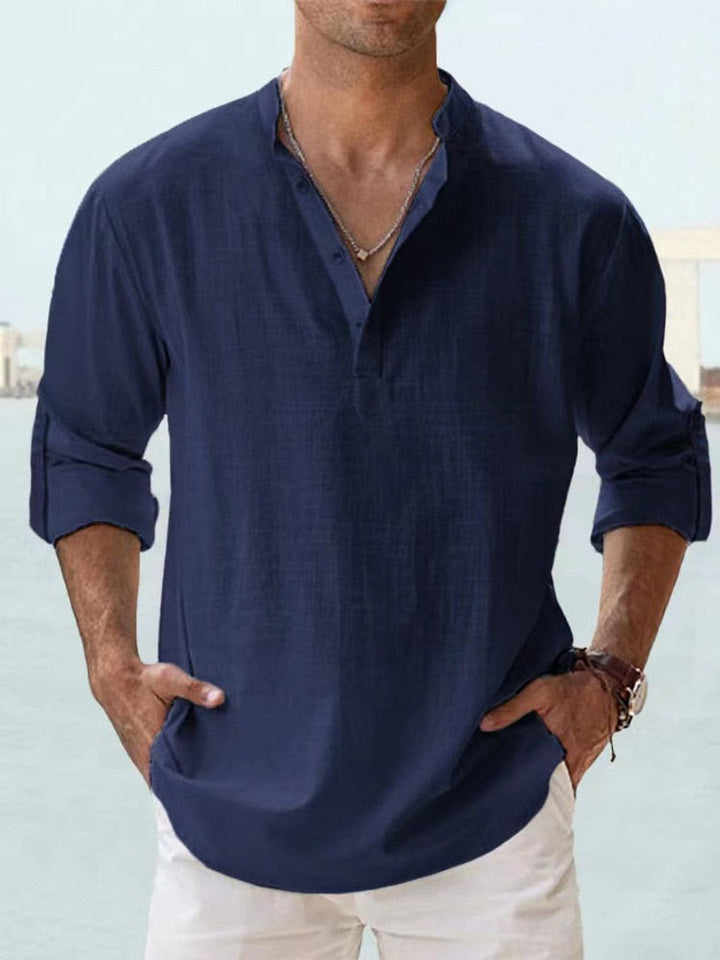 Men's Relaxed-Fit Long-Sleeve Linen Henley Shirt - Navy Blue