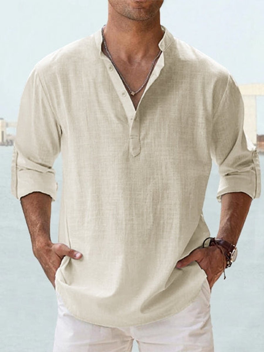 Men's Relaxed-Fit Long-Sleeve Linen Henley Shirt - Peach