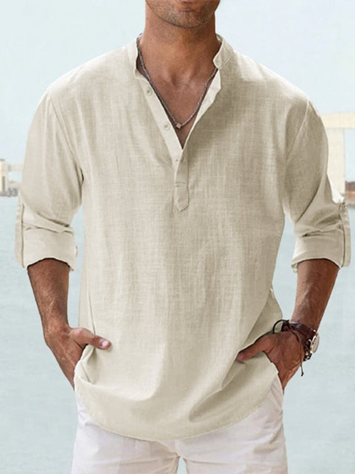Men's Relaxed-Fit Long-Sleeve Linen Henley Shirt - Peach