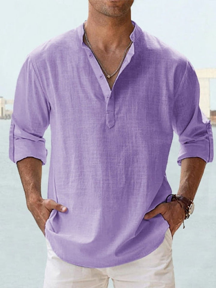 Men's Relaxed-Fit Long-Sleeve Linen Henley Shirt - Purple