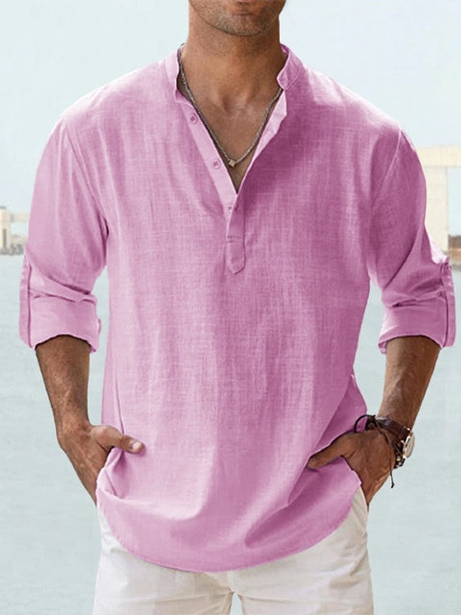 Men's Relaxed-Fit Long-Sleeve Linen Henley Shirt - Light Pink