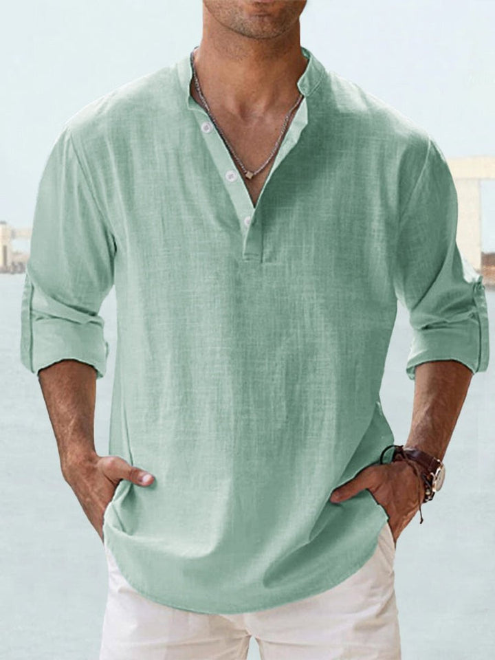 Men's Relaxed-Fit Long-Sleeve Linen Henley Shirt - Green