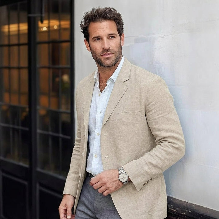 Men's Relaxed Linen Blazer Lightweight Unstructured Coat - Cream