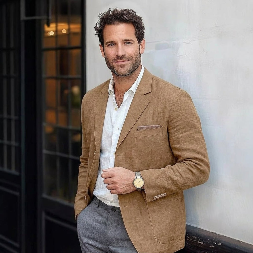 Men's Relaxed Linen Blazer Lightweight Unstructured Coat - Brown