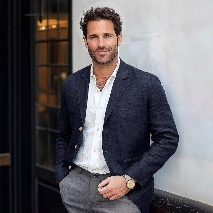 Men's Relaxed Linen Blazer Lightweight Unstructured Coat - Navy
