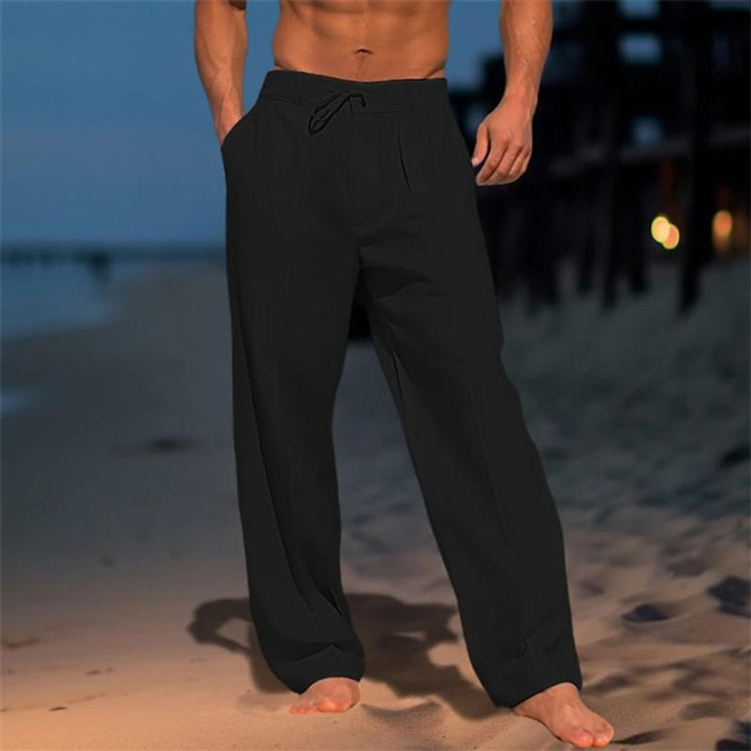 Men's Relaxed Wide-Leg Drawstring Linen Pants - Black