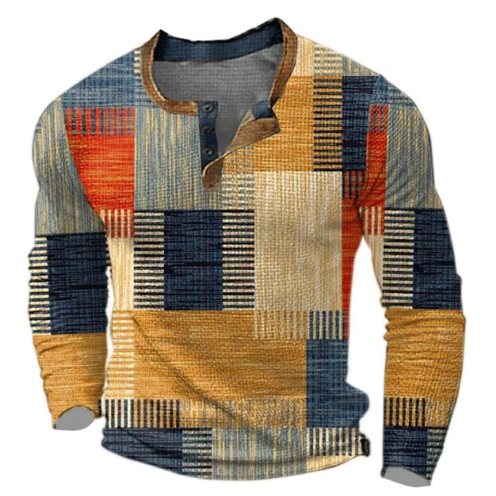 Men's Retro Colorblock Long-Sleeve Henley Knit Sweater - Orange