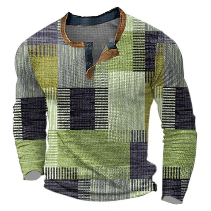 Men's Retro Colorblock Long-Sleeve Henley Knit Sweater - Green