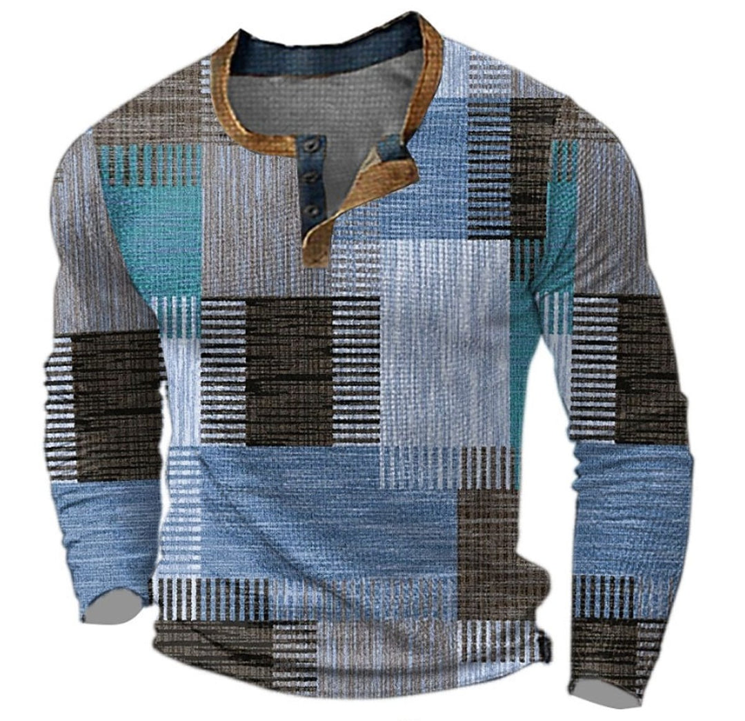 Men's Retro Colorblock Long-Sleeve Henley Knit Sweater - Blue
