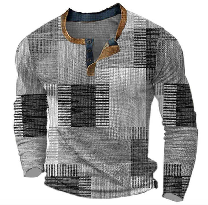 Men's Retro Colorblock Long-Sleeve Henley Knit Sweater - Gray