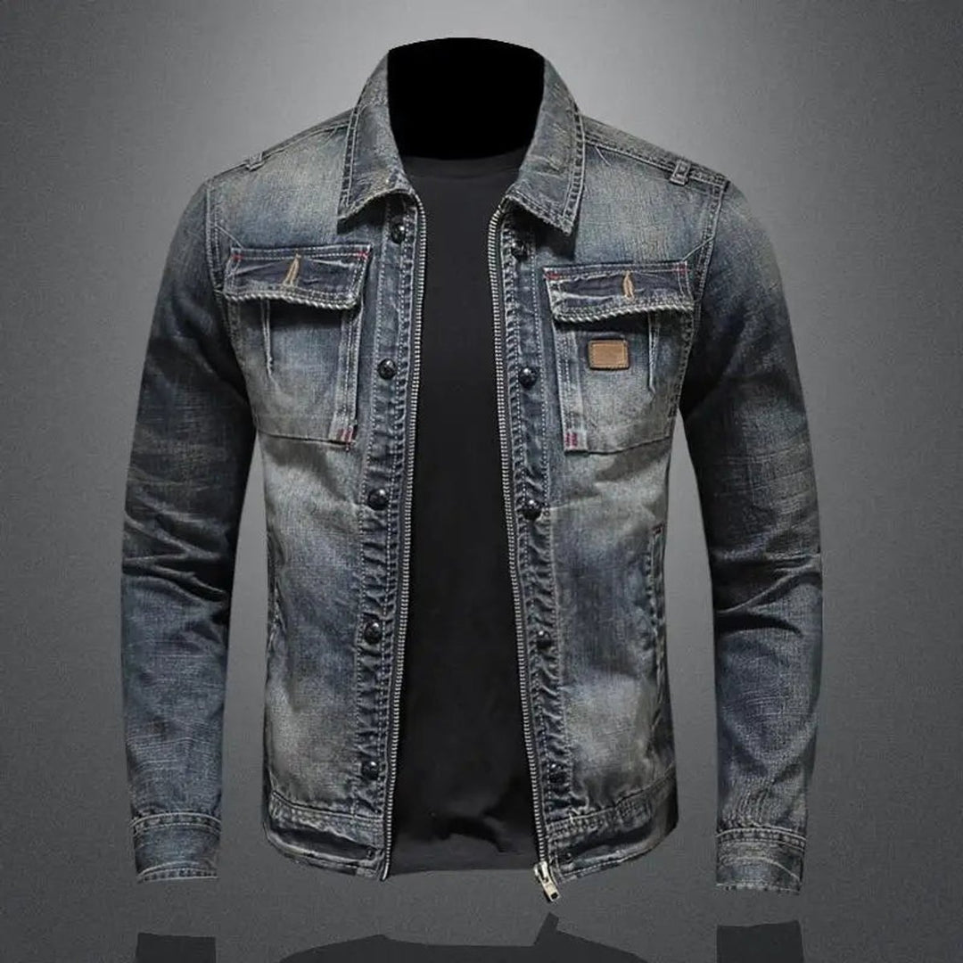 Men's Retro Washed Denim Zip-Up Jacket Coat