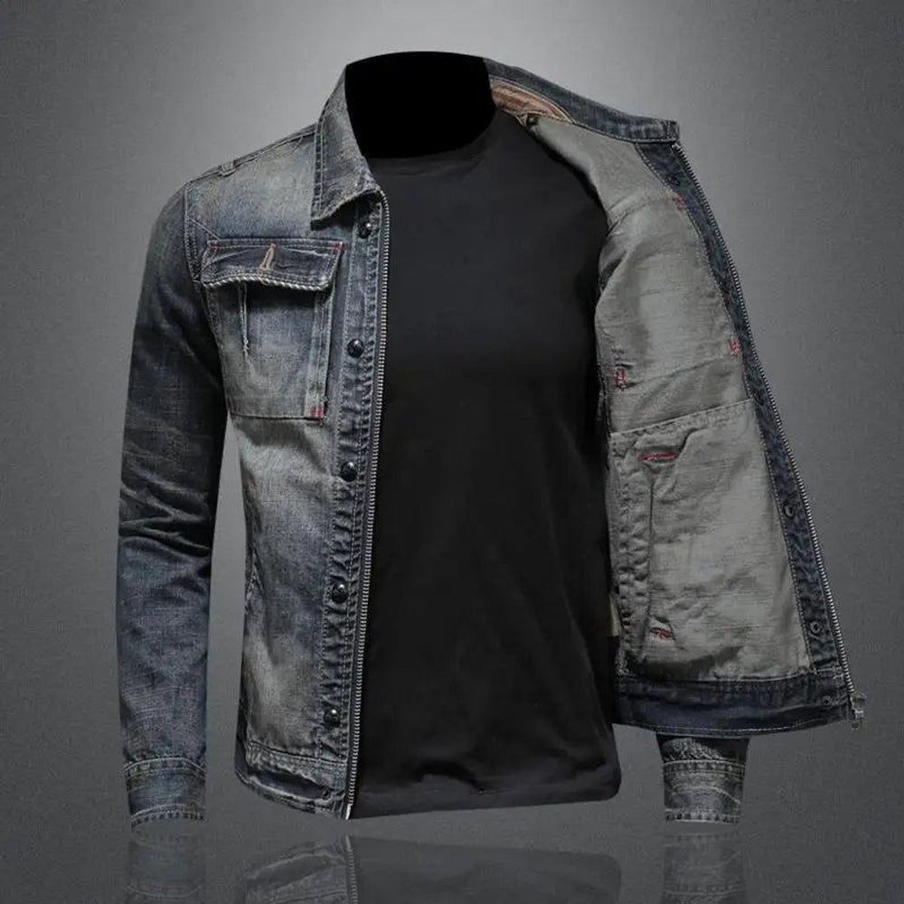 Men's Retro Washed Denim Zip-Up Jacket Coat
