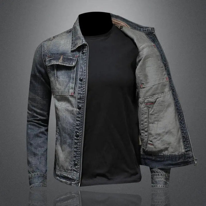 Men's Retro Washed Denim Zip-Up Jacket Coat