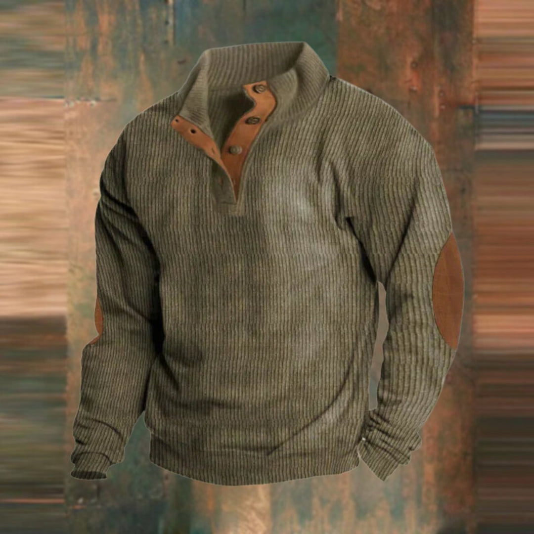 Men's Ribbed Knit Sweater Quarter-Snap Pullover Elbow Patch - Green