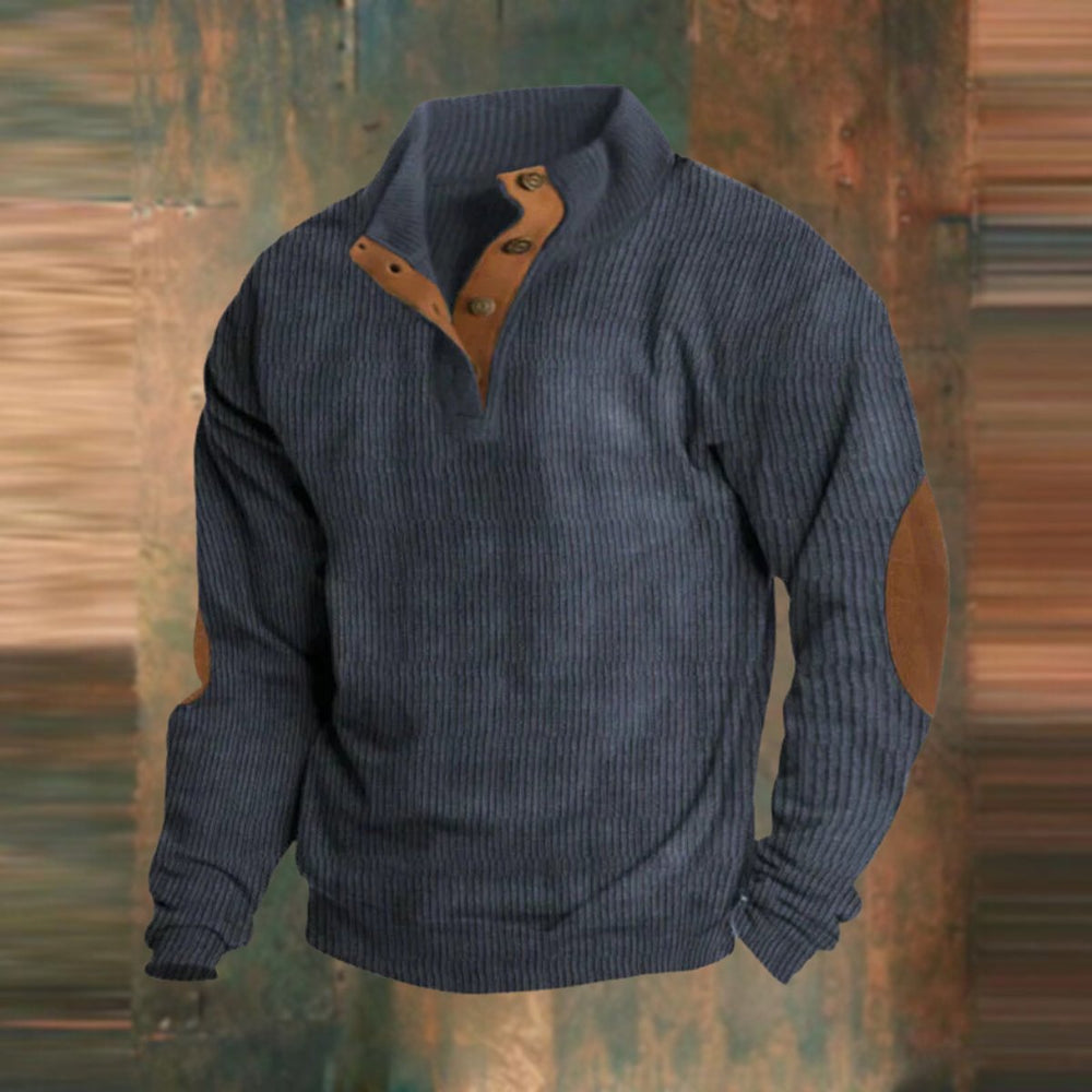 Men's Ribbed Knit Sweater Quarter-Snap Pullover Elbow Patch - Navy Blue