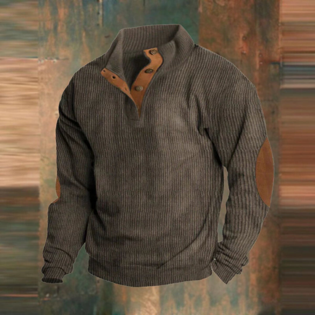 Men's Ribbed Knit Sweater Quarter-Snap Pullover Elbow Patch - Brown