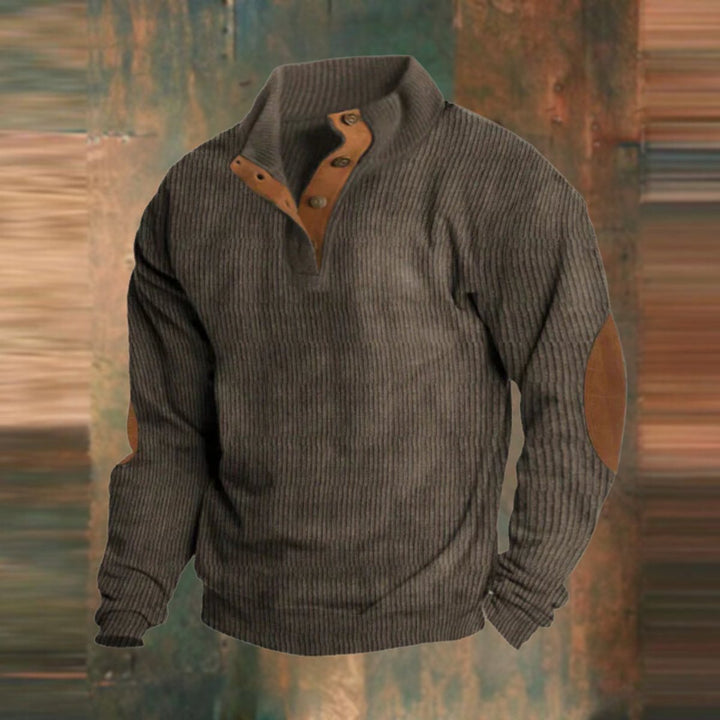 Men's Ribbed Knit Sweater Quarter-Snap Pullover Elbow Patch - Brown
