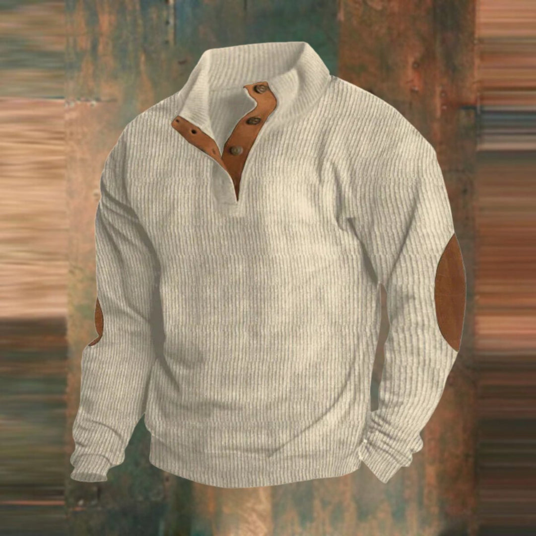 Men's Ribbed Knit Sweater Quarter-Snap Pullover Elbow Patch - Beige