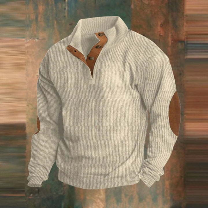Men's Ribbed Knit Sweater Quarter-Snap Pullover Elbow Patch - Beige