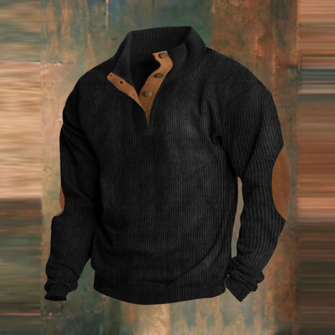 Men's Ribbed Knit Sweater Quarter-Snap Pullover Elbow Patch - Black
