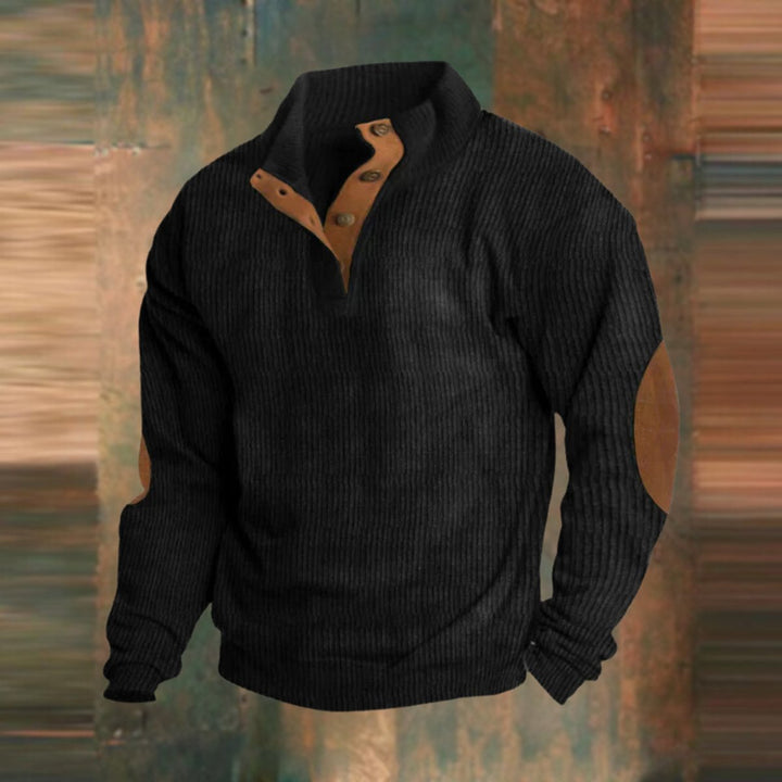 Men's Ribbed Knit Sweater Quarter-Snap Pullover Elbow Patch - Black
