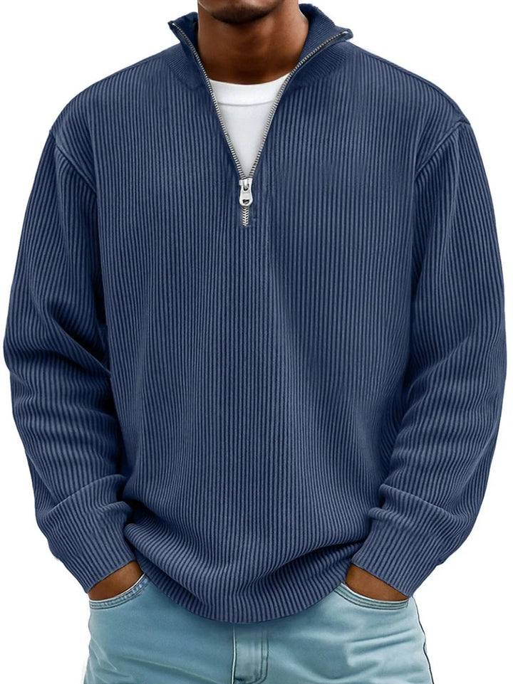 Men's Ribbed Knit Sweater Quarter-Zip Pullover - Navy Blue