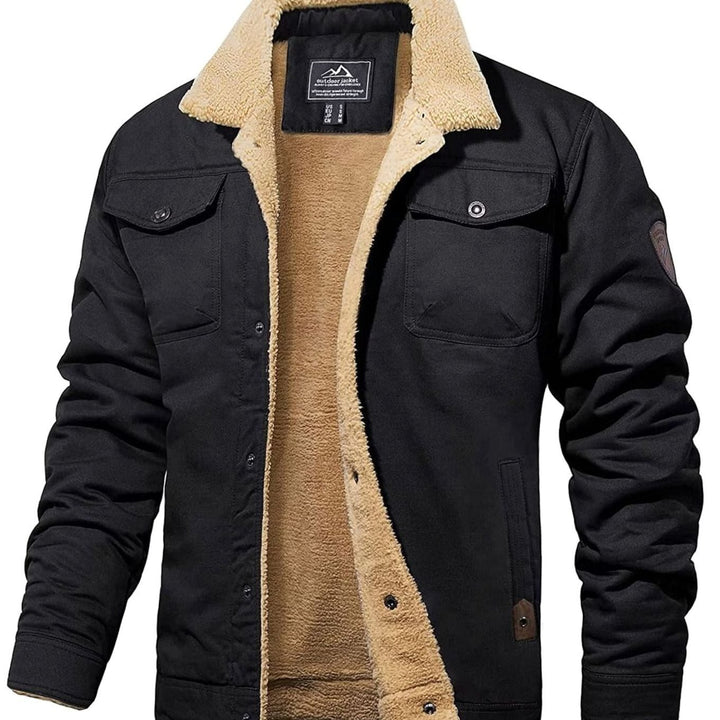 Men's Sherpa-Lined Fleece Casual Jacket Multi-Pocket Outdoor - Black