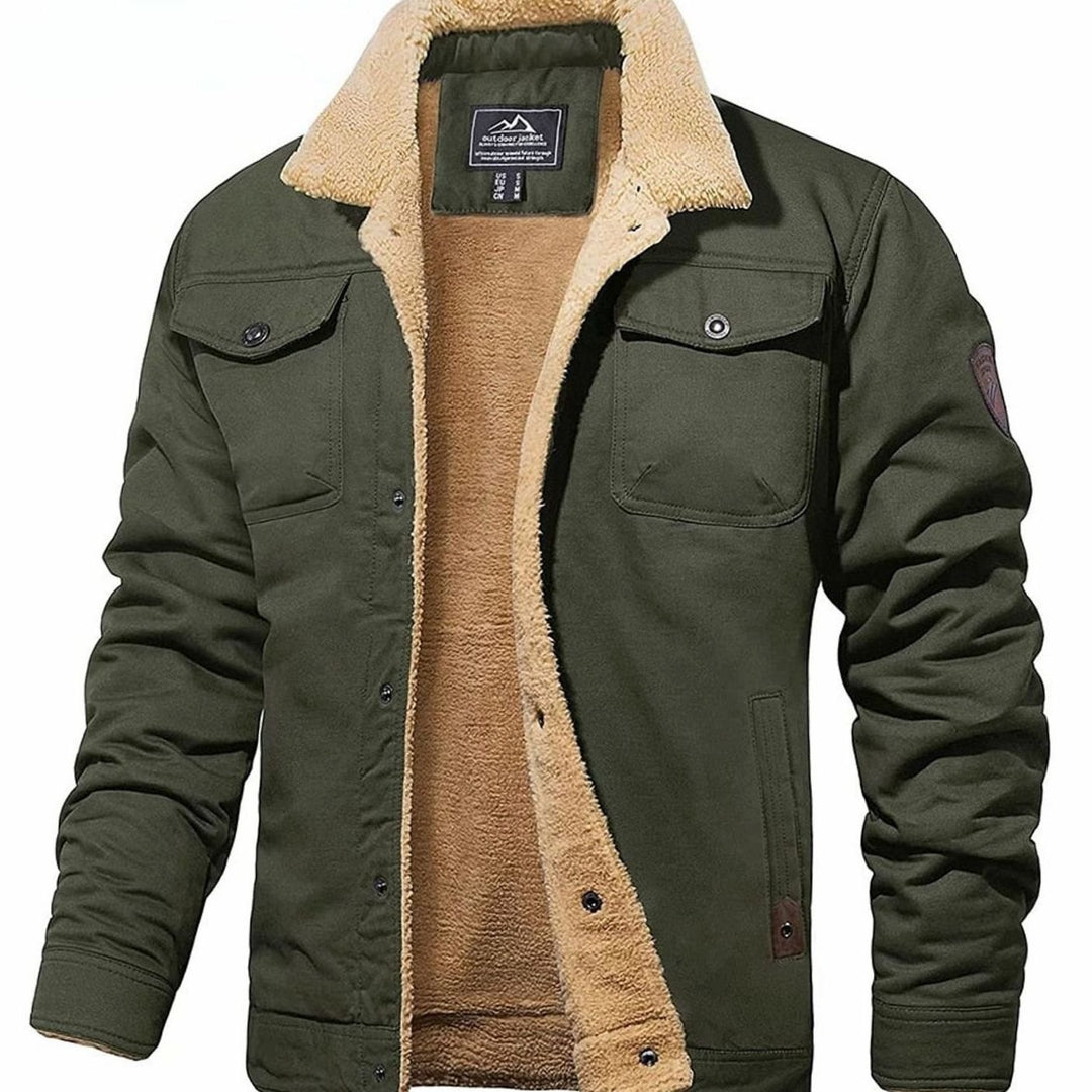 Men's Sherpa-Lined Fleece Casual Jacket Multi-Pocket Outdoor - Army Green