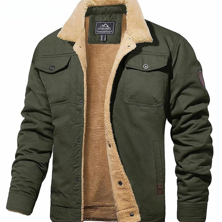 Men's Sherpa-Lined Fleece Casual Jacket Multi-Pocket Outdoor - Army Green