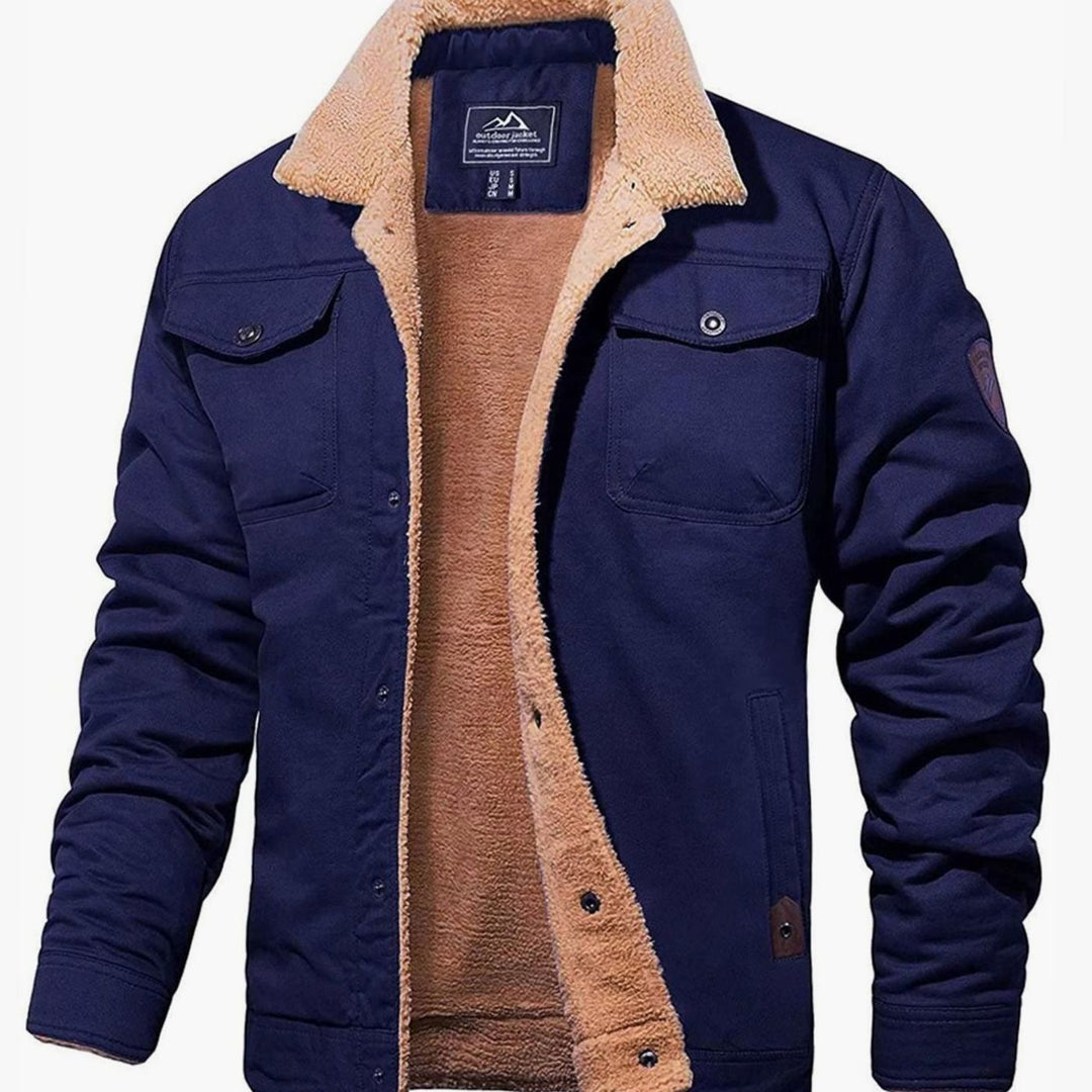 Men's Sherpa-Lined Fleece Casual Jacket Multi-Pocket Outdoor - Navy Blue