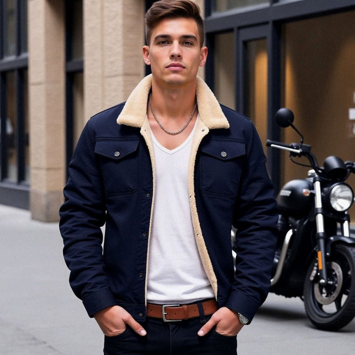 Men's Sherpa-Lined Fleece Casual Jacket Multi-Pocket Outdoor