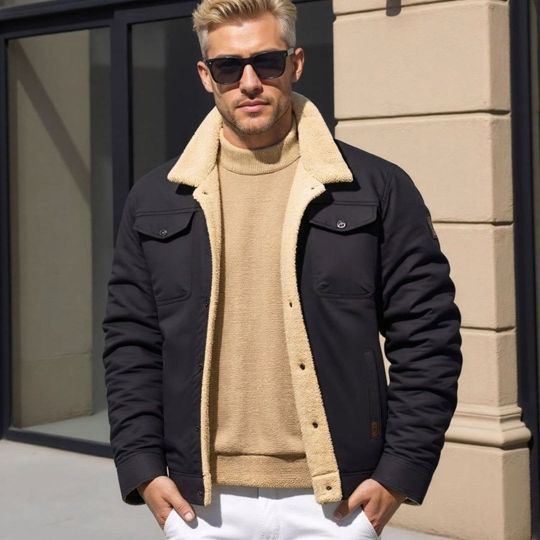 Men's Sherpa-Lined Fleece Casual Jacket Multi-Pocket Outdoor