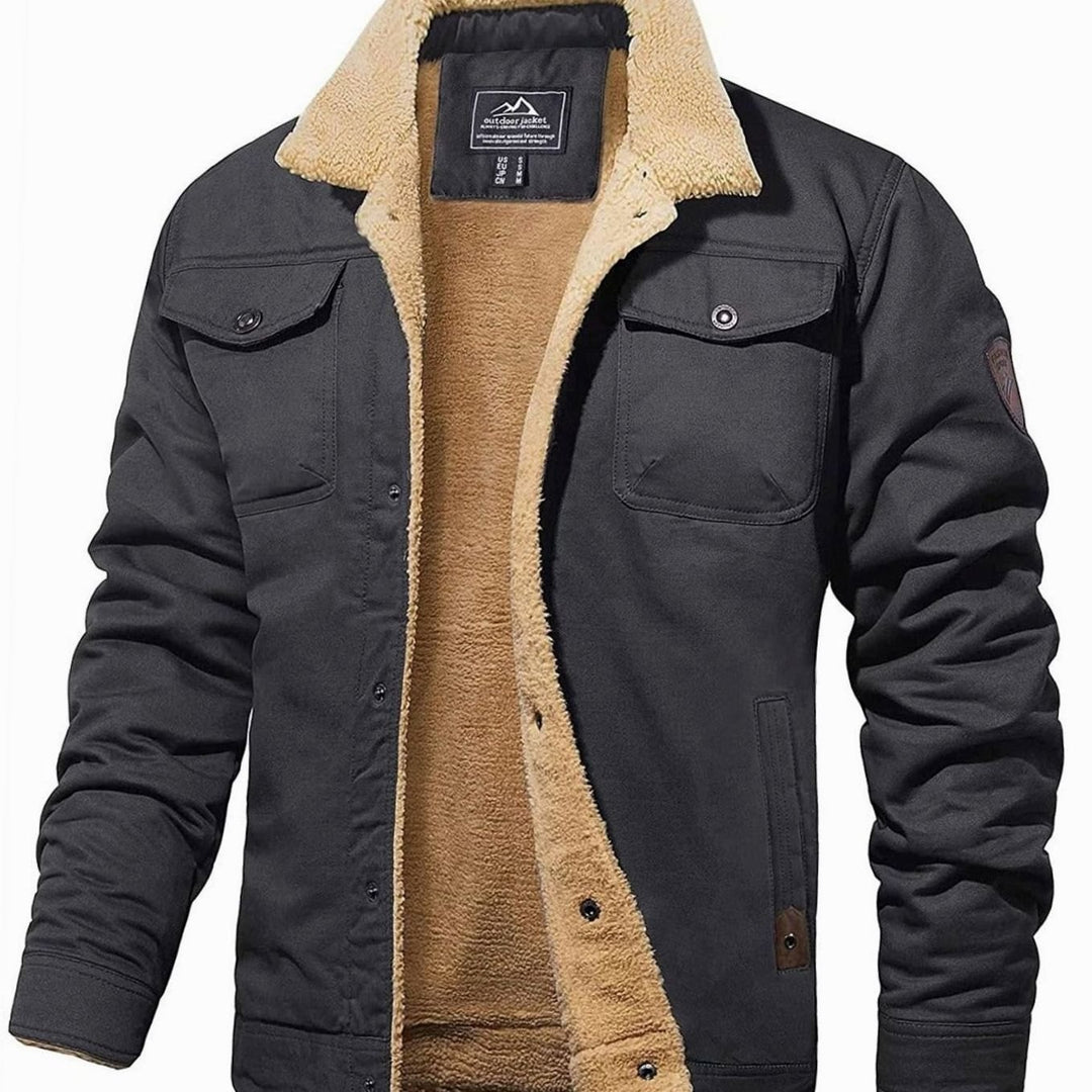Men's Sherpa-Lined Fleece Casual Jacket Multi-Pocket Outdoor - Dark Gray