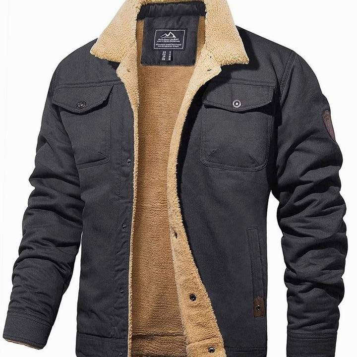 Men's Sherpa-Lined Fleece Casual Jacket Multi-Pocket Outdoor - Dark Gray