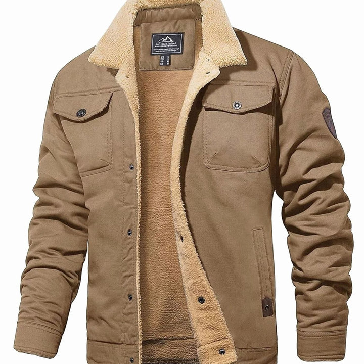 Men's Sherpa-Lined Fleece Casual Jacket Multi-Pocket Outdoor - Khaki